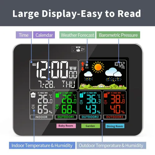 Wireless Weather Clock with 3 Temperature Humidity Sensors - Indoor/ Outdoor, Accurate Forecast Air Pressure Detection 12/24-Hour Clock Alarm Function Multiple Language Support USB Powered