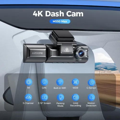 AZDOME Dash Cam M550 Max 4K+1K+2K Built-in GPS WiFi Car Dash Camera Front Inside Rear 3 Way IR Night Vision Car DVR Support Rear Cam