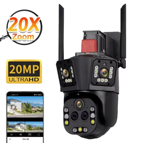 Q323 4MP Three Screen Security Camera Outdoor 20X Optical Zoom PTZ Full Color Night Vision Two Way Audio Human Detection Wireless WiFi Waterproof Surveillance Camera