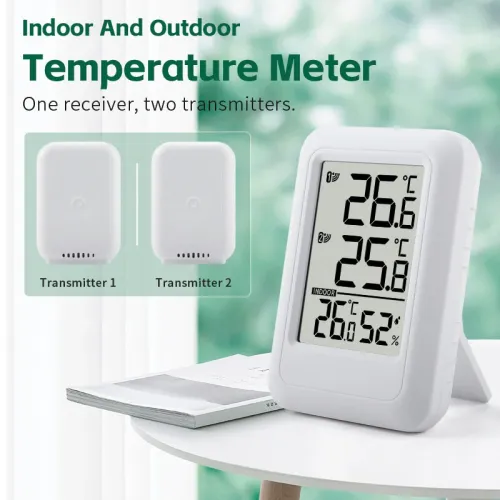 TS-FT0402 1-to-2 Indoor Outdoor Temperature and Humidity Meter Wireless Digital Hygrometer Thermometer Wine Cellar Kitchen Garden Temperature Monitor with 2 Sensors
