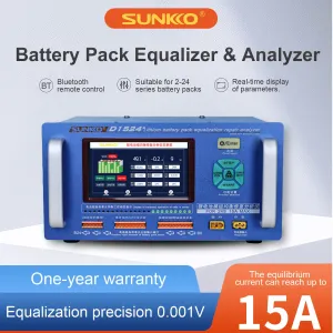 SUNKKO D1524+ 15A High Current Lithium Battery Pack Equalizer and Analyzer Versatile for Ternary LiFePO4 LTO Batteries Touch Screen and Bluetooth Control with Dual Fan Cooling Efficiency