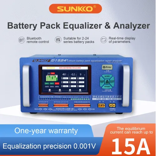 SUNKKO D1524+ 15A High Current Lithium Battery Pack Equalizer and Analyzer Versatile for Ternary LiFePO4 LTO Batteries Touch Screen and Bluetooth Control with Dual Fan Cooling Efficiency
