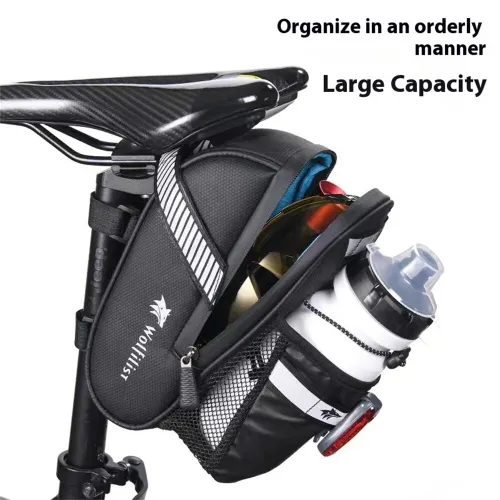 Wolfilist 1.8L Large Capacity Waterproof Bicycle Bottle Bag with Reflective Strips Lightweight Practical Bike Saddle Bag for Water Bottles Towels Repair Kits Essentials
