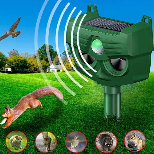 AGSIVO Solar Animal Repeller Ultrasonic Animal Repellent with PIR Motion Sensor and LED Flash Light For Cat / Mole / Dog / Squirrel / Deer / Fox
