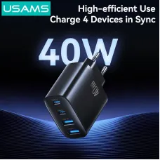[GaN Tech] USAMS CC330 T70 40W 4-Port USB PD Charger 2USB-A+2USB-C PD QC FCP Fast Charging Wall Charger Adapter EU Plug for iPhone 17 17Pro 16 Pro Max 15 14 13 for Xiaomi 17pro for Huawei Mate XTs for OPPO