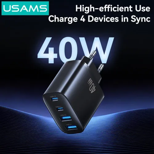 [GaN Tech] USAMS CC330 T70 40W 4-Port USB PD Charger 2USB-A+2USB-C PD QC FCP Fast Charging Wall Charger Adapter EU Plug for iPhone 17 17Pro 16 Pro Max 15 14 13 for Xiaomi 17pro for Huawei Mate XTs for OPPO