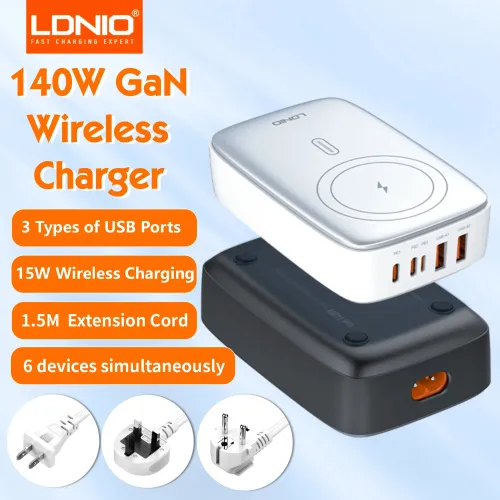 [GaN Tech] LDNIO 140W 5-Port USB PD Wireless Charger 2USB-A+3USB-C PD3.0 QC3.0 AFC FCP SCP DCP PPS Apple2.4A Fast Wireless Charging Desktop Charging Station EU Plug US Plug for iPhone 16 16 Pro 15 14 13 for Huawei Pura X for Samsung Galaxy S25 Ultra