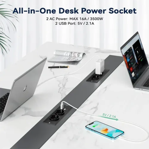 Table Socket with 2 USB 2 Sockets Built-in Socket 2-Way Installation Power Strip with 2 Screws for Kitchen Furniture or Worktops Recessed Socket 1.8 Cable16 A/3500 W