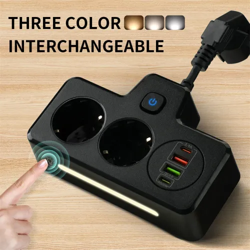 EU Power Strip Wall Socket Expansion Plug with 2 AC+2USB-A+2Type-C PD QC3.0 Fast Charging Multitap USB Charger