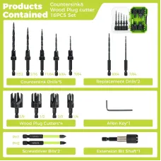 15PCS High Speed Steel HSS Countersink Drill Bit Set Adjustable Depth Tapered Drill Bits for Wood Black Oxide Spiral Flute Woodworking Tool with Plug Cutters and Hex Shank