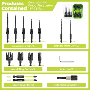 15PCS High Speed Steel HSS Countersink Drill Bit Set Adjustable Depth Tapered Drill Bits for Wood Black Oxide Spiral Flute Woodworking Tool with Plug Cutters and Hex Shank