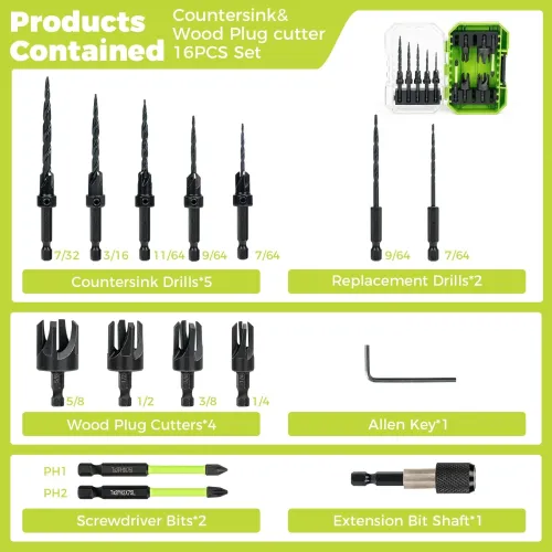 15PCS High Speed Steel HSS Countersink Drill Bit Set Adjustable Depth Tapered Drill Bits for Wood Black Oxide Spiral Flute Woodworking Tool with Plug Cutters and Hex Shank