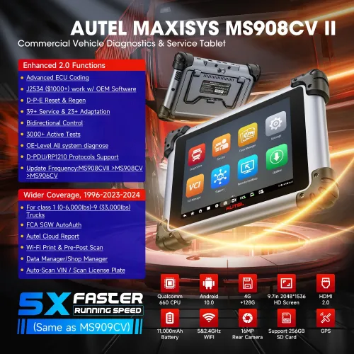 Autel Maxisys MS908CV II Diagnostic Tool Advanced ECU Coding J2534 ECU Programming Commercial Vehicle Diagnostics 3000+ Active Tests QCOM CPU Android 10 WiFi
