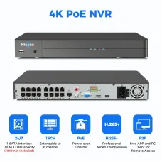 Hiseeu 16 Channel 4K PoE NVR Support 4K 2K 8MP 5MP 3MP 1080P PoE Camera with Motion Alarm 24/7 Recording Smart Playback Free Remote Access Network Video Recorder