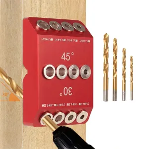 30 45 90 Woodworking Degree Drill Guide Angle Drill Hole Guide Jig with 4 Sizes Drill Bits for Angled and Straight Hole Aluminum Alloy Drilling Jig