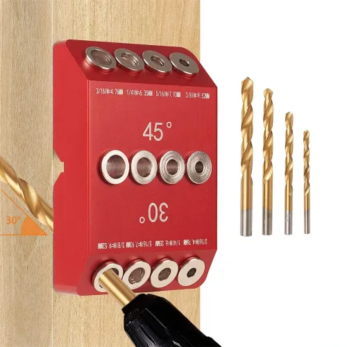 30 45 90 Woodworking Degree Drill Guide Angle Drill Hole Guide Jig with 4 Sizes Drill Bits for Angled and Straight Hole Aluminum Alloy Drilling Jig