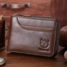 BULLCAPTAIN Men Short Wallet RFID Blocking Card Holder Cowhide Coin Purse Retro Genuine Leather Clutch Zipper Male Money Bags