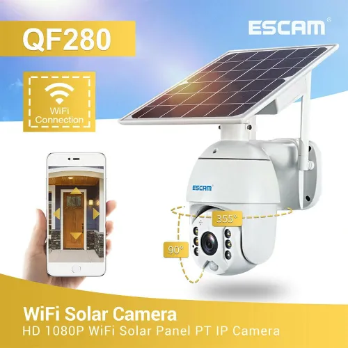[US Direct] ESCAM QF280 1080P Solar Powered WiFi PTZ Security Camera Night Vision Two-way Audio IP66 Waterproof CCTV Home Surveillcance Cameras