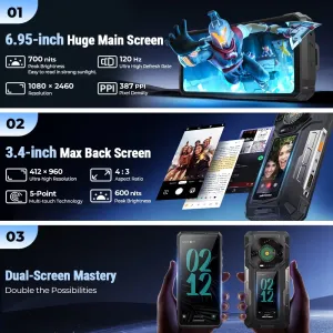 Ulefone Armor 33 Pro 5G AI 25500mAh Dual Display 118dB Loudspeaker 32GB 512GB 50MP Triple Camera 64MP Night Vision Dimensity 7300X 6.95 inch 120Hz 66W Fast Charge WiFi 6E NFC IP68 IP69K Waterproof Rugged Smartphone