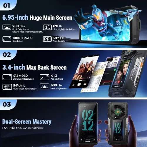 Ulefone Armor 33 Pro 5G AI 25500mAh Dual Display 118dB Loudspeaker 32GB 512GB 50MP Triple Camera 64MP Night Vision Dimensity 7300X 6.95 inch 120Hz 66W Fast Charge WiFi 6E NFC IP68 IP69K Waterproof Rugged Smartphone