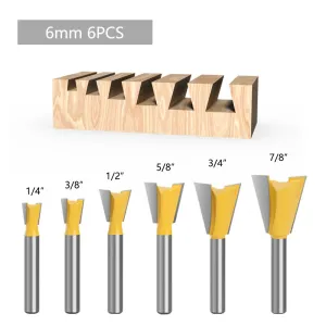 LAVIE 6pcs 6mm 1/4" Shank Dovetail Joint Router Bit Set 1/4" 3/8" 1/2" 5/8" 3/4" 7/8" Cutting Dia Wood Milling Cutter Tool for Making Boxes Drawers Chests