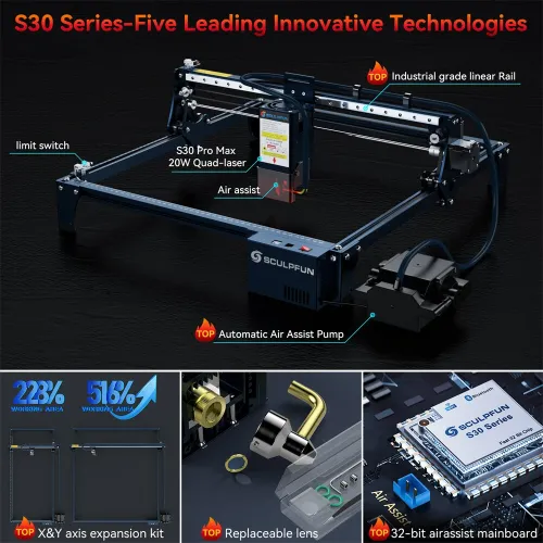 SCULPFUN S30 Pro Max 20W Laser Engraver Cutter Automatic Air-assist 0.08x0.1mm Laser Focus 32-bit Motherboard Replaceable Lens