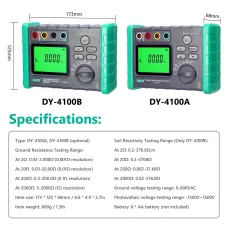 DY4100A DY4100B High Accuracy Digital Grounding Resistance Tester Multi Gear Voltage Meter Soil Resistivity Measurement AC DC Photovoltaic Voltage Tester Wide Testing Range Large Backlit Display Screen
