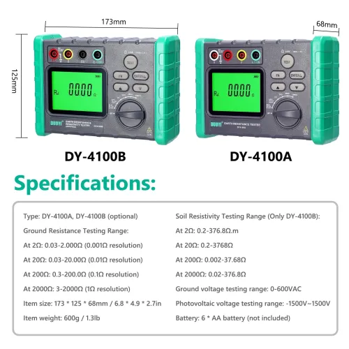 DY4100A DY4100B High Accuracy Digital Grounding Resistance Tester Multi Gear Voltage Meter Soil Resistivity Measurement AC DC Photovoltaic Voltage Tester Wide Testing Range Large Backlit Display Screen