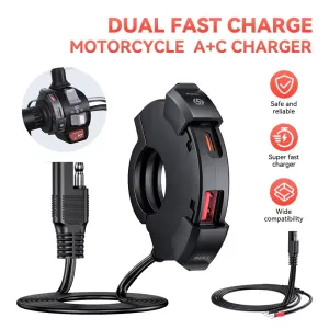 Motorcycle USB Charger 30W Type-C PD 18W USB-A Quick Charge 3.0 Waterproof IP65 Nylon Material Handlebar Mount DC 12V-24V