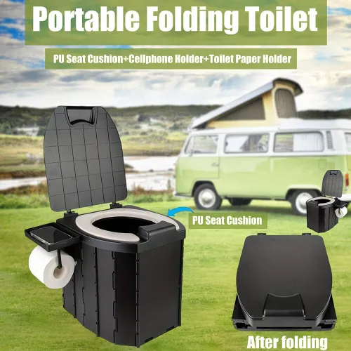 PU Portable Folding Toilet with Cover, Mobile Camping Toilet, Compact Travel Potty for Adults and Kids, Suitable for RV, Car, Camping, Hiking, and Outdoor Activities