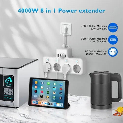 16A 4000W EU Plug Power Strip 4-Way USB Port Electrical Socket Power Strip Individually Switchable Home Adapter Surge-Protector