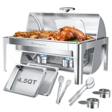Warmounts 9QRectangular Roll Top Chafing Dish Buffet Set, Stainless Steel Catering Server Food Warmer with Glass Lid & Holder, Fuel Holder for Parties Wedding 63x44x42.1 cm
