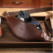 BULLCAPTAIN Genuine Leather Men's Belt Bag Crazy Horse Leather Casual Crossbody Bag Classic Retro Chest Bag Outdoor Storage Mountaineering Mobile Phone Bag Waist Bag