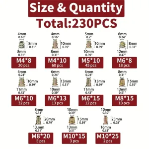 230pcs Threaded Wood Inserts Nuts Assortment Kit Nut Inserts with 11 Metric Sizes M4/M5/M6/M8/M10 Hex Socket Drive Furniture Screw In Nuts Bolts Fastener for Woodworking DIY Projects