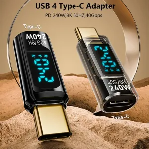 Transparent LED Display 240W USB4.0 40Gbps Type-C Male to Type-C Female OTG Adapter Support 8K@60Hz Screen Casting for iPhone 16 16 Pro 15 14 Pro Max Tablet Laptop TV