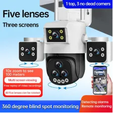 5 Lens Panoramic Surveillance Camera 20x Optical Zoom 360 PTZ 200W Pixel WiFi Camera Color Night Vision AI Human Detection 2-Way Audio Cameras for Home Security