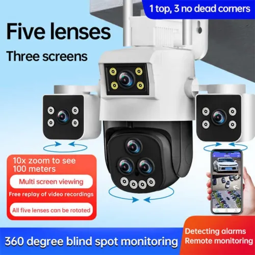 5 Lens Panoramic Surveillance Camera 20x Optical Zoom 360 PTZ 200W Pixel WiFi Camera Color Night Vision AI Human Detection 2-Way Audio Cameras for Home Security
