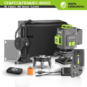 LFINE 4D 16 Line Green Laser Level Class II 515nm Self-Leveling 1mm at 7m 30M Range 1200mAh Batteries Multi-Purpose Tripod
