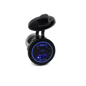 Dual USB QC3.0 Fast Charging + PD Port 65W High Power 2 Ports Car Charger with Blue LED Light for iPhone Samsung