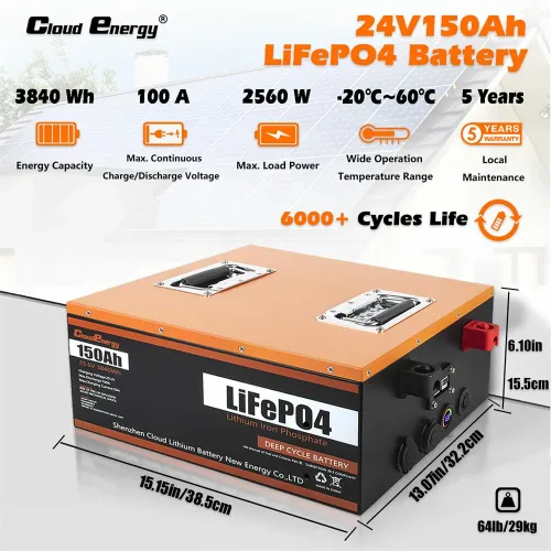 UDirect Cloudenergy 24V 150Ah LiFePO4 Battery 3840Wh 2560W Built-in 100A BM6000+ cycles 10 Years Service Life with Class A LiFePO4 Cells Perfect for Motorhome, Camper, Energy Storage, Van, Off-grid CL24-150