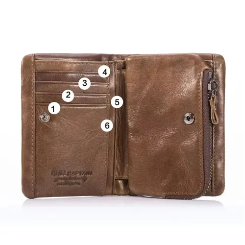 BULLCAPTAIN Men's Genuine Leather RFID Wallet Short Trifold Design Hasp Zipper Closure Card Holder Coin Pocket Money Purse