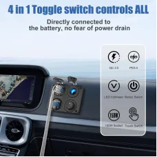 4 In 1 12V Marine Switch Panel Dual PD30W QC18W Car USB Port Aluminum Charger Lighted 150W Car Socket Blue LED Voltmeter and Rocker Switch