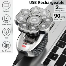6-in-1 Men's Bald Head Electric Shaver and Trimmer Kit Waterproof and Rechargeable Rotary Shaver with 9 Floating Blades Beard Nose Ear Hair Clipper Facial Brush Quick Charging