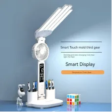 Multifunctional Desk Clock 4 Heads LED Eye Protection Desk Lamp with Intelligent Display Touch Control 80LEDs 3 Light Modes Stepless Dimming USB Rechargeable Design for Office Home Reading