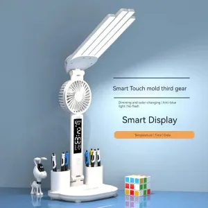 Multifunctional Desk Clock 4 Heads LED Eye Protection Desk Lamp with Intelligent Display Touch Control 80LEDs 3 Light Modes Stepless Dimming USB Rechargeable Design for Office Home Reading