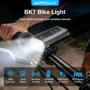 Astrolux BK7 Wireless Remote Smart Bicycle Headlight - 1600 Lumens with Digital Screen, Anti-glare, 5200mAh USB Rechargeable, Portable Power Bank for Road Mountain Bike
