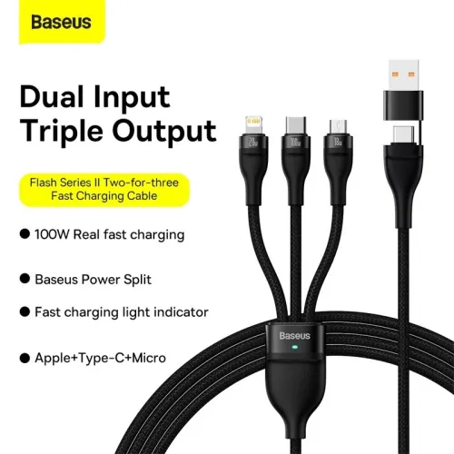 Baseus Flash Series II 100W USB-A/Type-C to Micro/iP/Type-C Cable PD QC Fast Charging Data Transmission Tinned Copper Core Line 1.2M Long for iPhone 15 14 13 for Samsung Galaxy S24 for Xiaomi Civi 4 Pro for Huawei Pura 7 Ultra