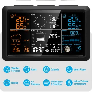 7.5" VA Tuya WiFi 5-in-1 Wireless Weather Station Auto Alarm Clock Temp-Humidity UV Sunlight Wind Rainfall Meter Solar Panel Forecast Sensor