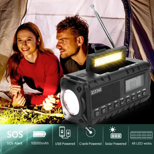 Portable Solar Hand Crank Radio AM FM NOAA Weather USB 10000mAh Charging LEFlashlight Power Bank Aste Lamp