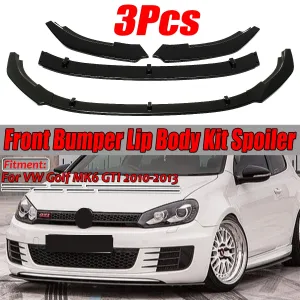 Front Bumper Lip Spoiler Splitter Cover Trim Body Kit 3PCS For VW Golf MK6 GTI 2010-2013 Glossy Black